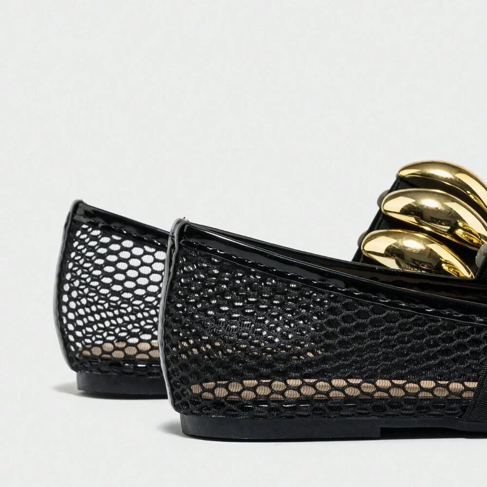 Black Elegant Women's Summer Hollow Breathable Fishnet Loafers - Picture 3 of 6